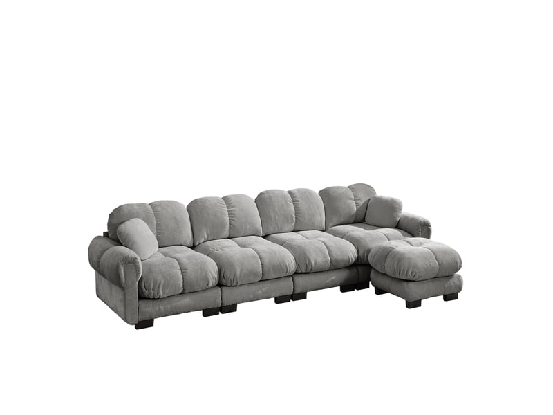  Canapé d'angle l modulable 4 places en tissu chenille gris clair, avec ottomane mobile, design à pas de velours fin, confortable et ergonomique  - Conforama A