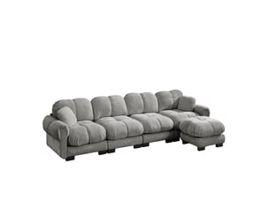 Canapé d'angle l modulable 4 places en tissu chenille gris clair, avec ottomane mobile, design à pas de velours fin, confortable et ergonomique