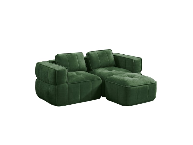 Canapé modulable 2 places modenvie en l sans cadre avec pouf, 198 x 162 x 67 cm, mousse haute densité 32d, tissu polyester vert - Conforama A