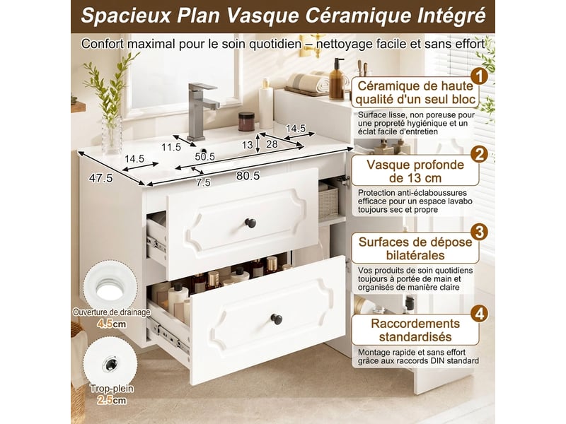  Meuble salle de bain 107 cm avec colonne ensemble meuble vasque céramique blanc  - Conforama D
