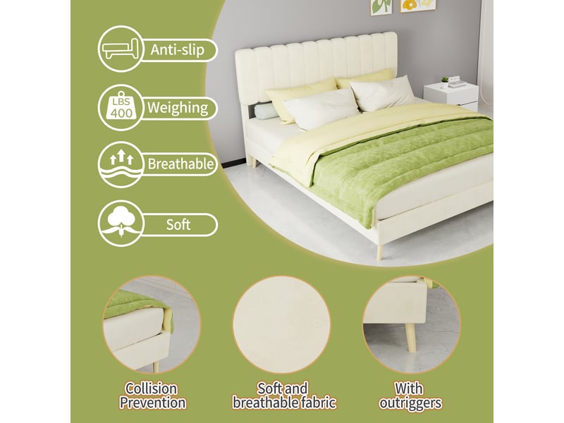  Lit double 200×160 cm en tissu velours beige et métal, sans matelas  - Conforama E