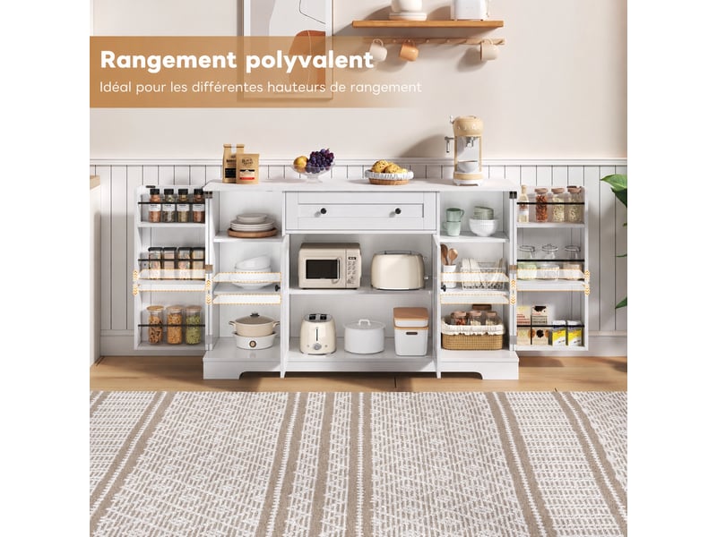  Buffet de cuisine blanc de 138 cm avec tiroir, 4 portes et étagères réglables  - Conforama B