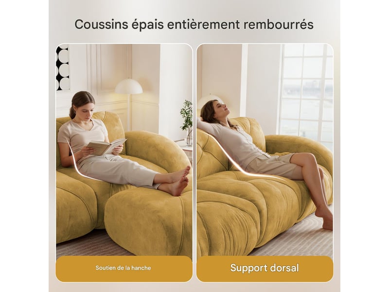  Canapé modulable 2 places avec pouf en tissu chenille jaune W3325S00343 - Conforama D