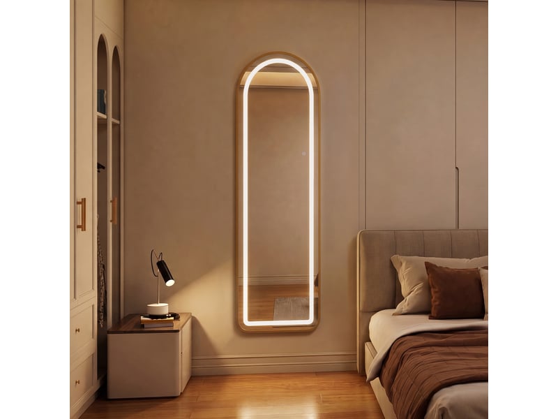  Miroir led pleine longueur 150x40 cm,miroir mural, éclairage 3 couleurs ,verre trempé, cadre aluminium doré,arqué  - Conforama D