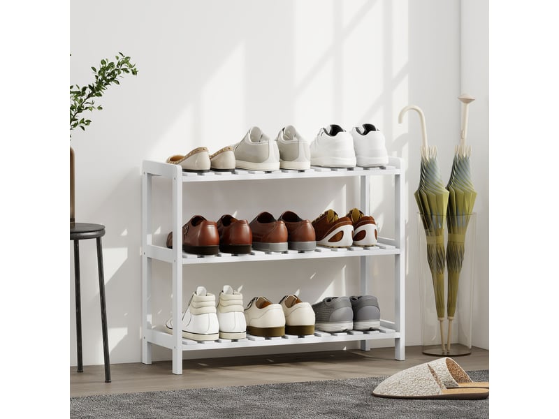  Étagère à chaussures, porte-chaussures 3 niveaux, étagères à lattes, blanc, en bois de pin， 70 x 26 x 57,5 cm  - Conforama D