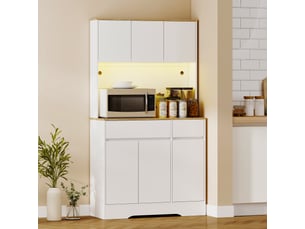 Buffet cuisine meuble cuisine rangement haut avec lumière led rgb, plan de travail, 2 tiroirs, 6 portes, blanc