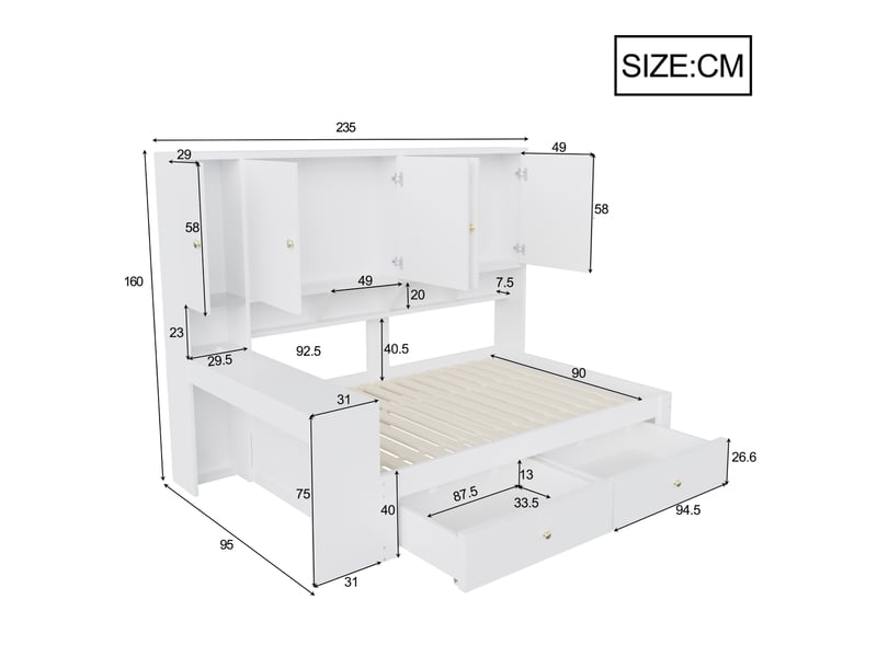 Lit combiné simple 90×200 cm bureau, led, 2 tiroirs et prises - okmyhome- blanc, sans matelas, mdf - Conforama D
