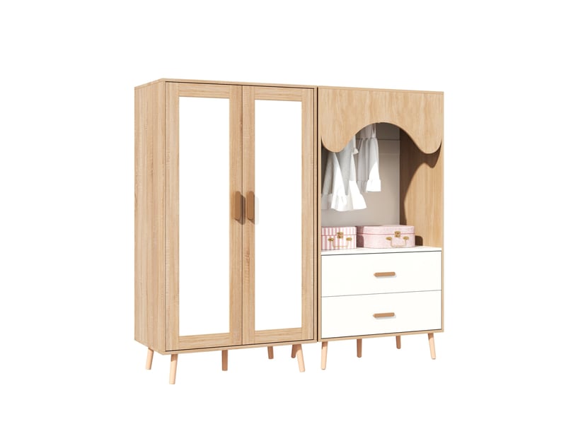  Armoire enfant avec 2 portes, 2 tiroirs et barre de penderie pour chambre, naturel et blanc, 160 × 46 × 141,5 cm  - Conforama A