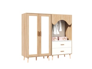 Armoire enfant avec 2 portes, 2 tiroirs et barre de penderie pour chambre, naturel et blanc, 160 × 46 × 141,5 cm