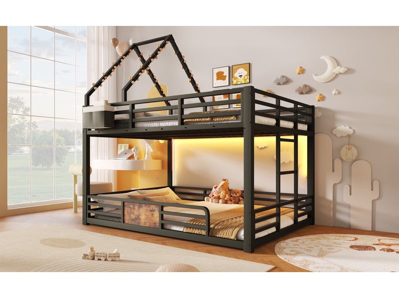  Lit superposé 140 × 200 cm, toit cabane, led, poches en tissu et échelle, avec garde-corps en métal et mdf, noir  - Conforama B