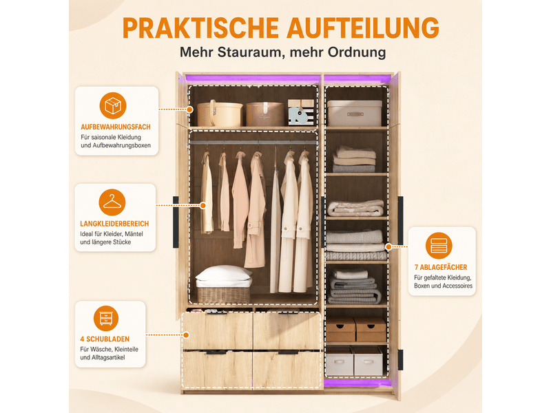 Armoire trois portes avec miroir et éclairage led 135 x 47 x 200 cm – 1 tringle, 4 tiroirs, 7 compartiments, mdf finition bois clair - Conforama E