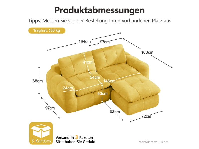  Canapé d'angle modulaire 2 places avec pouf, modules reconfigurables et dessous antidérapant en chenille jaune  - Conforama C