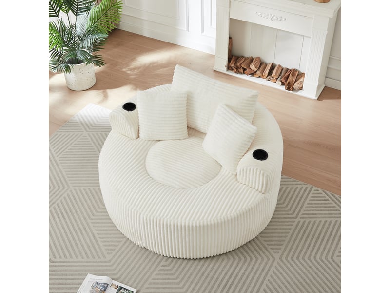 Fauteuil lounge 1 place en velours côtelé avec 3 coussins, 2 porte-gobelets, poches latérales, base antidérapante, assise ronde beige - Conforama C
