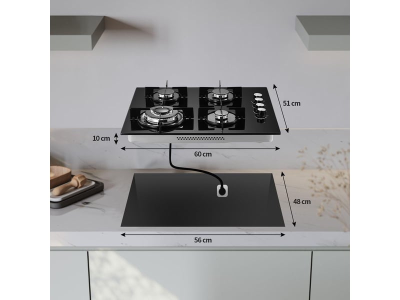 Plaque de cuisson gaz 4 feux, plaque gaz 60 cm en verre trempé noir, 8000 w, encastrable ou posable, gaz naturel et propane - Conforama C