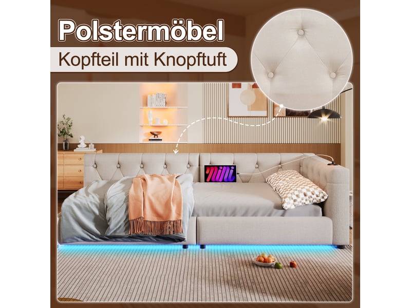  Lit enfant 90x200 cm, éclairage led 7 couleurs, port usb-c, tête de lit à boutons, lin beige, moderne, sans matelas  - Conforama E