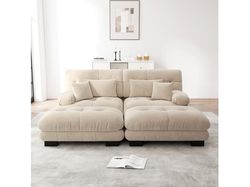  Canapé d'angle modulable modenvie 2 places en chenille marron clair avec 2 poufs mobiles  - Conforama D