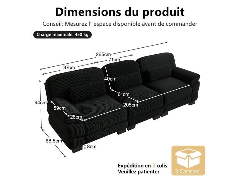  Canapé droit modulable 3 places 265x88.5x94 cm en velours côtelé noir  - Conforama C