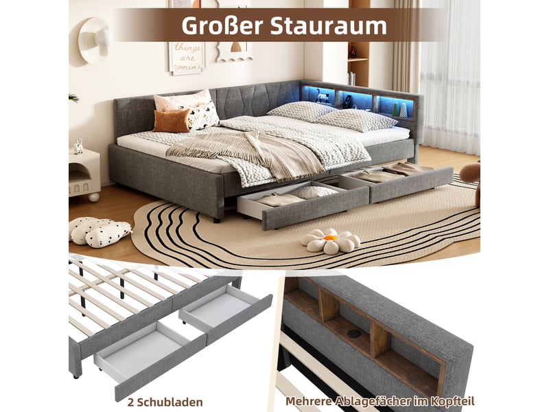  Lit de jour 140x200 canapé-lit gris en lin avec éclairage led, 2 tiroirs et ports usbtype-c  - Conforama C