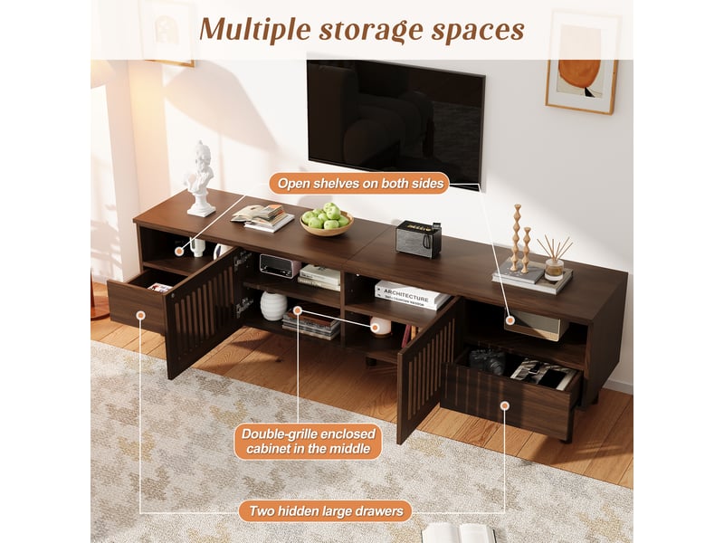 Meuble tv 180x40x51 cm pour tv 55-75 pouces, 2 portes à lattes, 2 tiroirs, niches ouvertes, passe-câbles, mdf - noyer foncé  - Conforama E