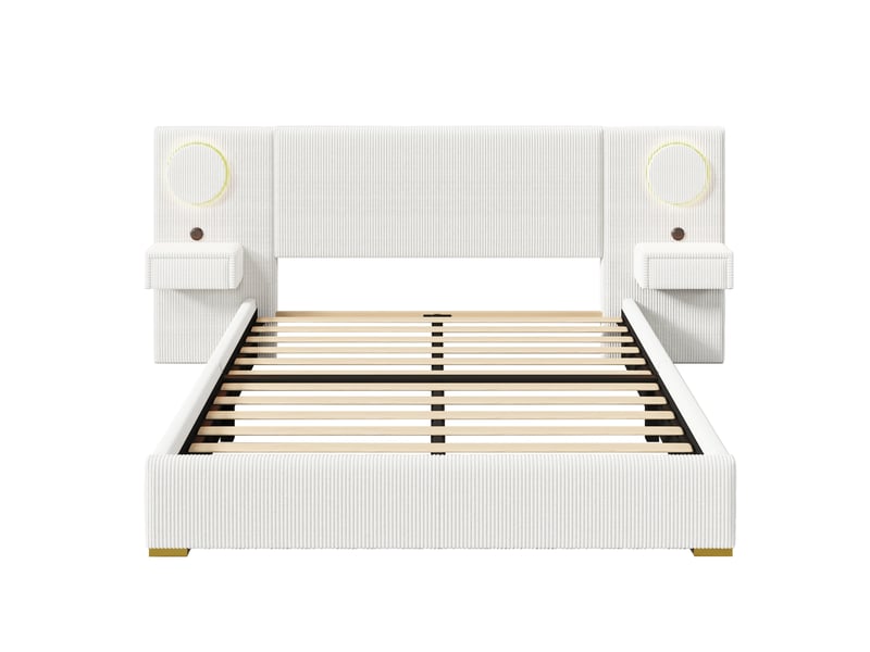  Lit pour adulte de 180 x 200 cm, avec tête de lit à led, port usb et table de chevet, en velours, beige  - Conforama A