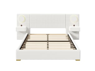Lit pour adulte de 180 x 200 cm, avec tête de lit à led, port usb et table de chevet, en velours, beige