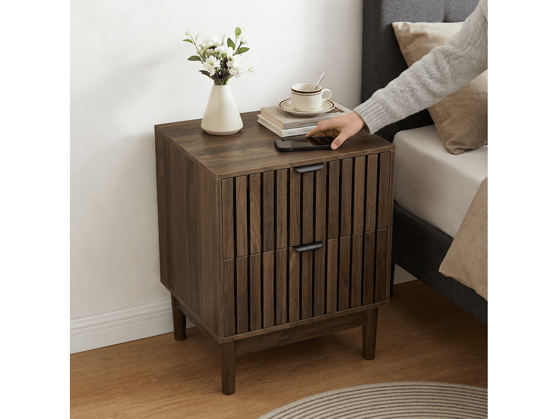  Table de chevet noyer  45 x 39 x 56,5 cm avec 2 tiroirs, design à lattes, mdf et pieds en bois  - Conforama D