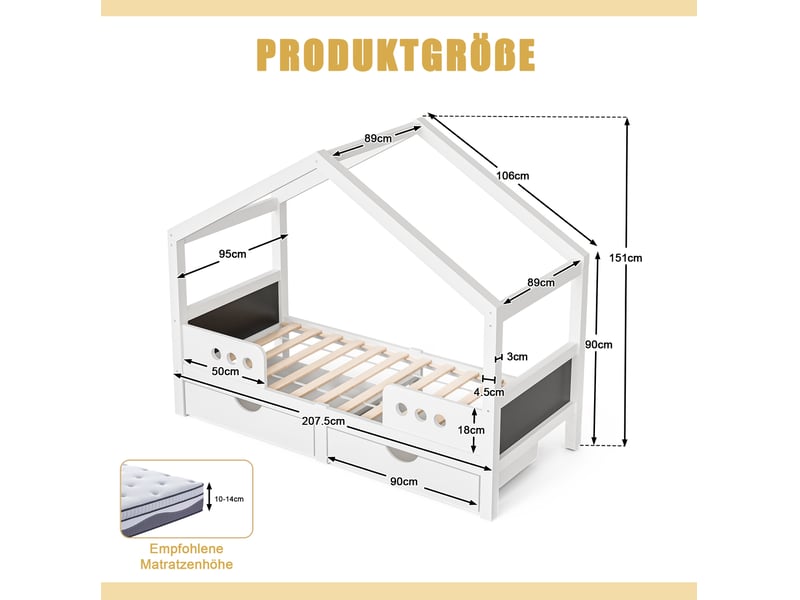  Elvmi lit cabane enfant avec toit, 2 grands tiroirs, structure bois et mdf, finition vernis uv quasi inodore, tableau intégré, charge maximale 120 kg, pour matelas 90x200 cm  - Conforama C