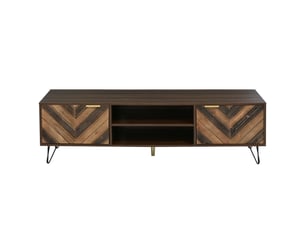Meuble tv bois massif 155 cm avec 2 portes et pieds en métal, finition naturelle