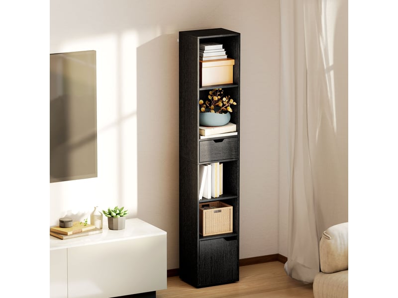  Bibliothèque, étagère à livres, meuble de rangement avec tiroir placard compartiments ouvertes, 30 x 24 x 158 cm, noir  - Conforama D