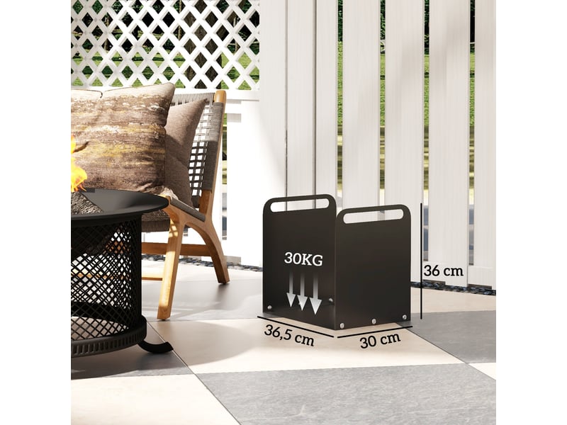  Porte-bûches noir avec deux poignées, acier thermolaqué, capacité 30 kg, 36,5 x 30 x 36 cm  - Conforama E