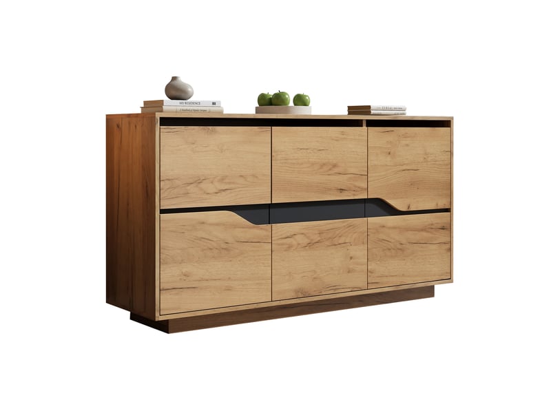  Buffet 140 × 40 × 70 cm, avec 3 portes et 5 étagères réglables, organisation modulaire pour salon, chêne, au design moderne, coloris naturel CARDUME ESTIVAL - Conforama A