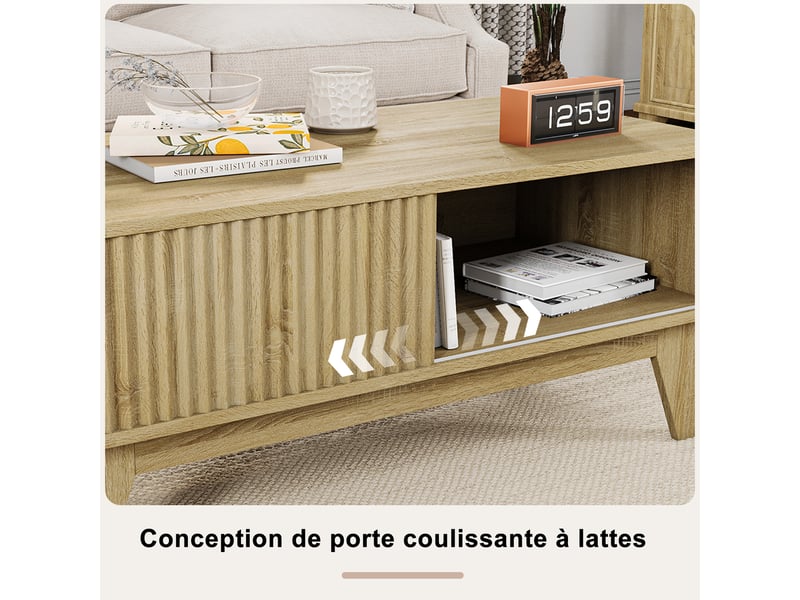  Table basse salon en bois ,table d'appoint avec porte coulissante,rangement, 95 x 41 x 48 cm,couleur bois naturel  - Conforama E