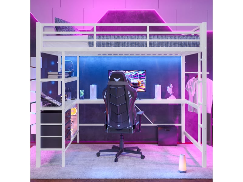 Lit mezzanine 140 x 200 cm, lit enfant surélevé, 3 tiroirs, bureau intégré, étagères ouvertes, éclairage led, connectique usb, échelle, métal, blanc Morn Vibe - Conforama D