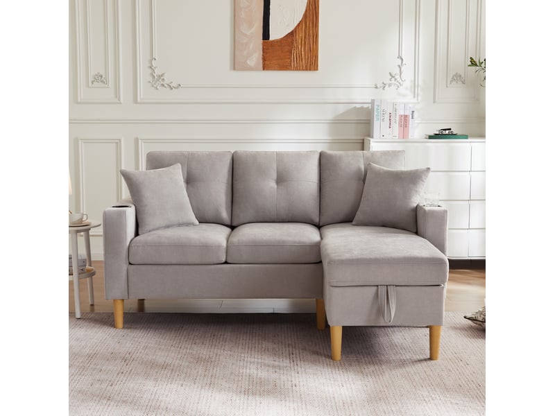  Canapé d'angle modenvie 3 places avec méridienne réversible rangement et porte-gobelets gris clair 175 x 129 x 90 cm  - Conforama B