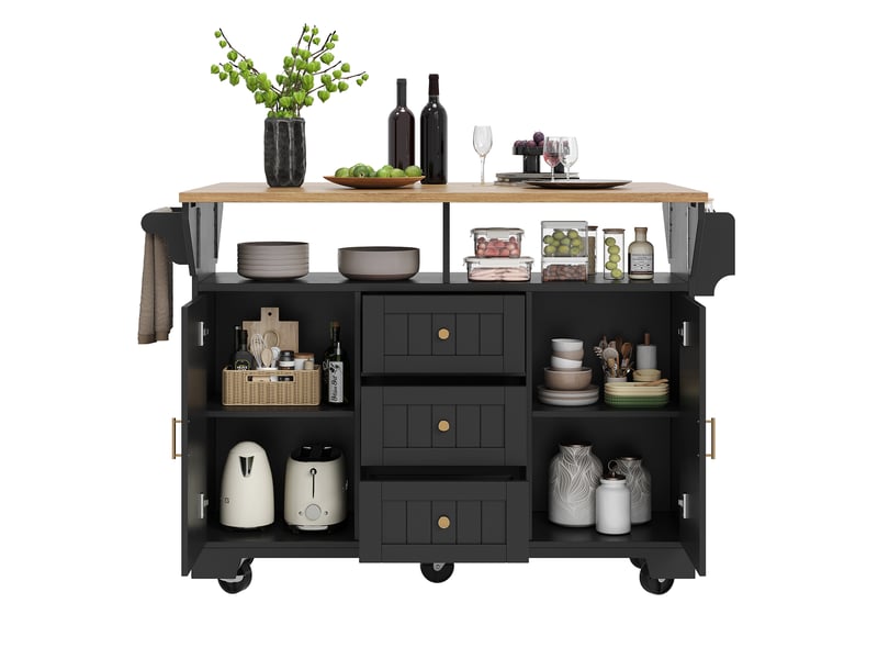  Îlot de cuisine noir avec plateau extensible, desserte à roulettes 120x40x95 cm, 3 tiroirs et 2 portes, mdf et métal  - Conforama A