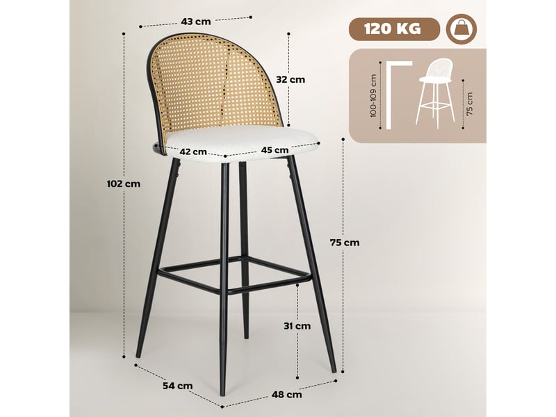  Ensemble de 2 tabourets de bar avec dossier en rotin, assise rembourrée en peau de mouton, structure en acier et repose-pieds, couleur crème  - Conforama E