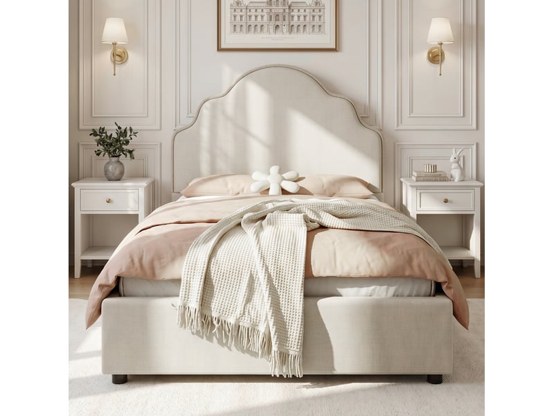  Lit enfant 90x200 cm en lin beige avec tête de lit rembourrée et sommier  - Conforama E