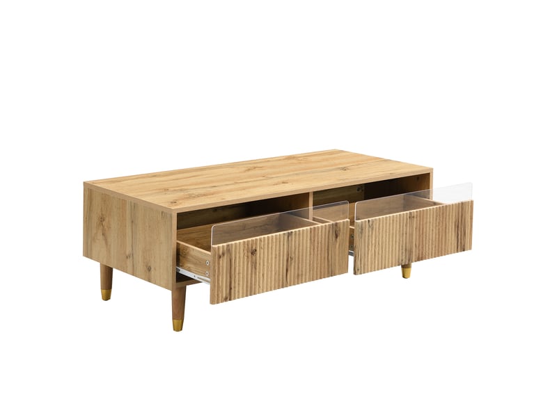  Meuble tv 4 portes et table basse 2 tiroirs, bois doré, façade ondulée, éclairage led intégré  - Conforama E
