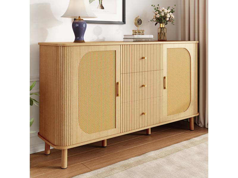  Buffet avec 2 portes et tiroirs, portes en rotin et passe-câbles, pour salon, mdf, naturel, 140×40×80 cm  - Conforama C