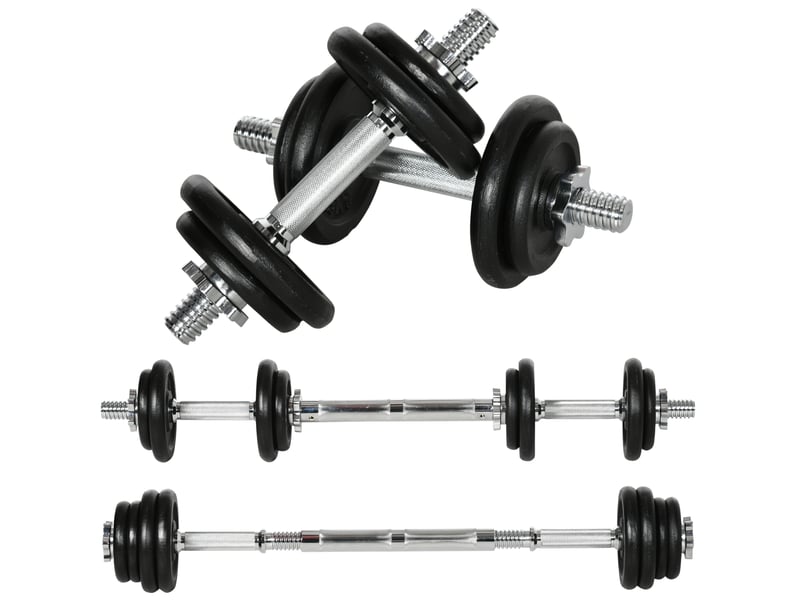 Haltères réglables 2 en 1, ensemble 20 kg en fer noir avec barre de liaison, poignées antidérapantes et fermetures à vis - Conforama A