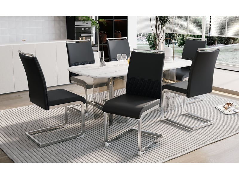  Lot de 6 chaises noires en similicuir et lin pour salle à manger, design moderne, assise confortable  - Conforama B