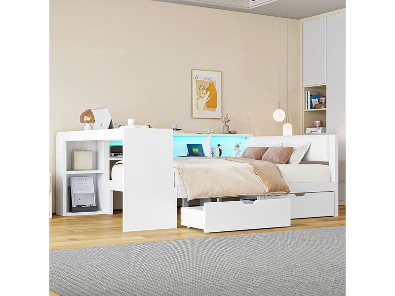  Lit avec rangement 140x200cm coloris blanc mdf led lit enfant blanc - Conforama E