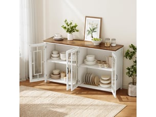 Buffet de cuisine 160 cm blanc avec plateau effet bois, meuble de rangement 4 portes en verre pour salle à manger