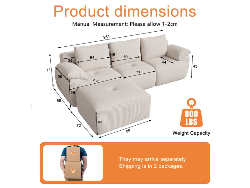  Canapé d'angle en l à compression avec 3 dossiers, aucun assemblage requis, beige  - Conforama C