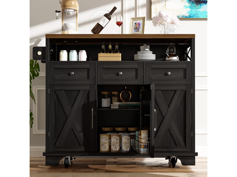  Desserte cuisine, îlot central sur roulettes avec plan de travail, plateau extensible, pivotant à 360°, dimensions 118 x 43 à 70 x 98 cm, mdf, noir  - Conforama D