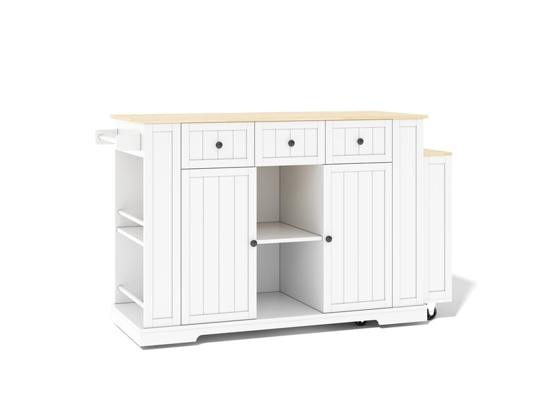  Îlot de cuisine mobile blanc et bois naturel en mdf, table extensible, prise intégrée, roulettes, 138 (213) × 55 × 93 cm  - Conforama A