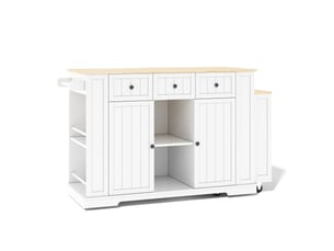 Îlot de cuisine mobile blanc et bois naturel en mdf, table extensible, prise intégrée, roulettes, 138 (213) × 55 × 93 cm