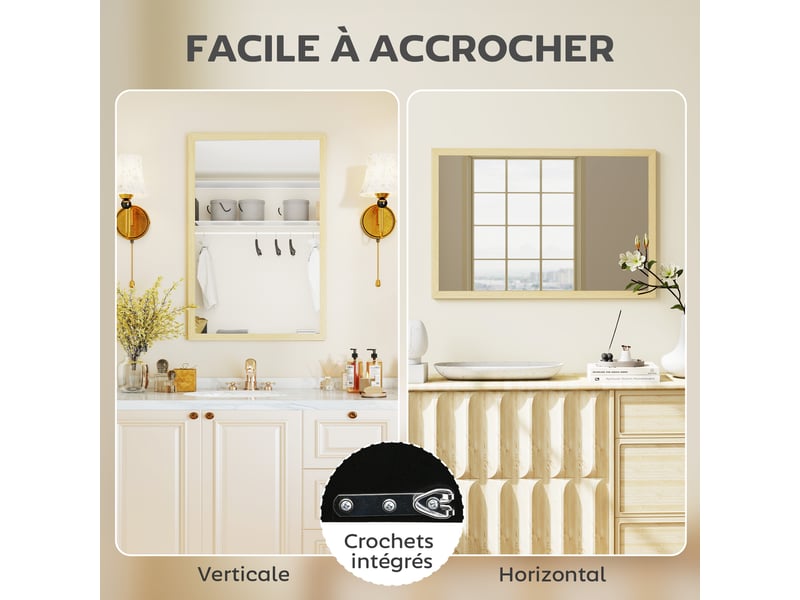 Miroir mural rectangulaire 60 x 40 cm, cadre en bois naturel, salon ou chambre, idéal pour la salle de bain  - Conforama E