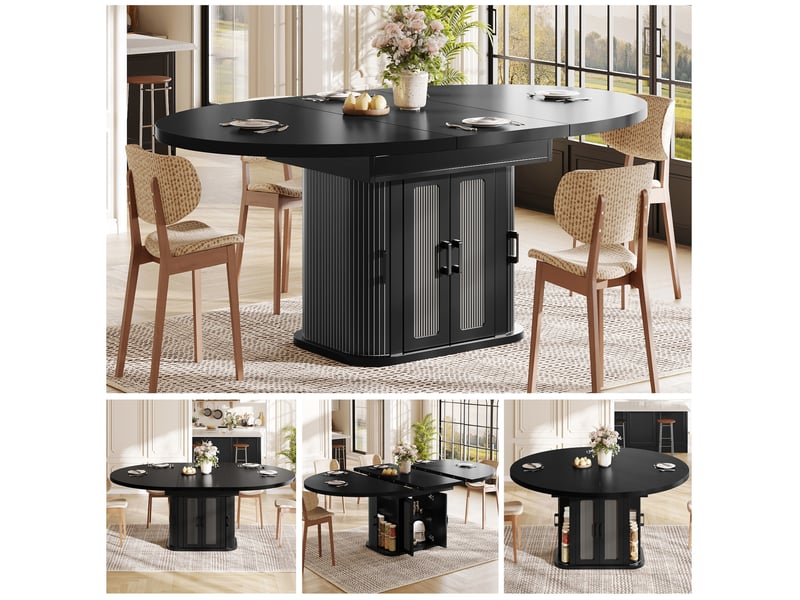  Table de salle à manger extensible 118 à 158 x 118 cm noire en mdf, rangement central pour 2 à 6 personnes  - Conforama B