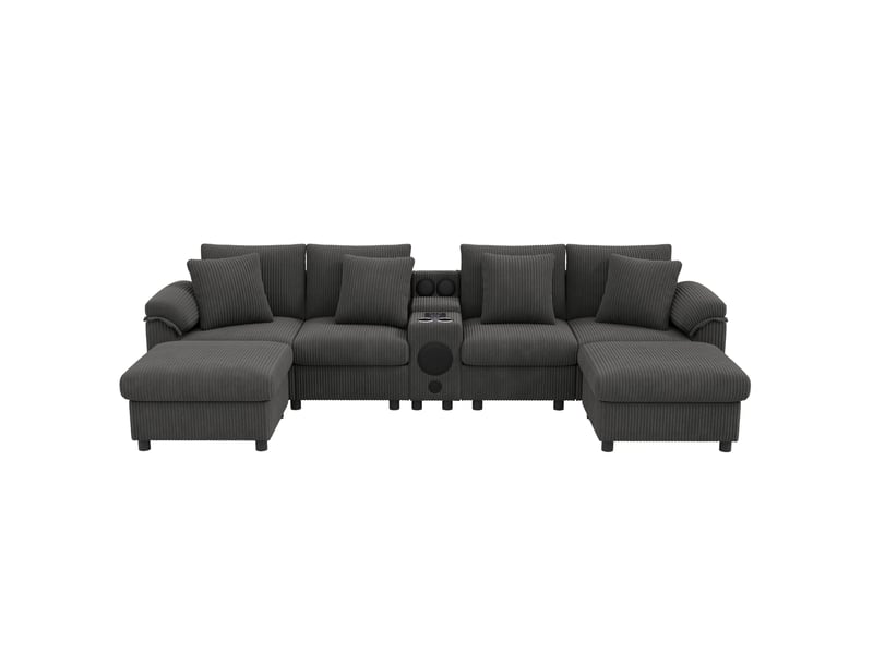  Canapé modulable tcqpz en u et en l 6 places gris en velours côtelé bluetooth console rangement charge sans fil usb  - Conforama A
